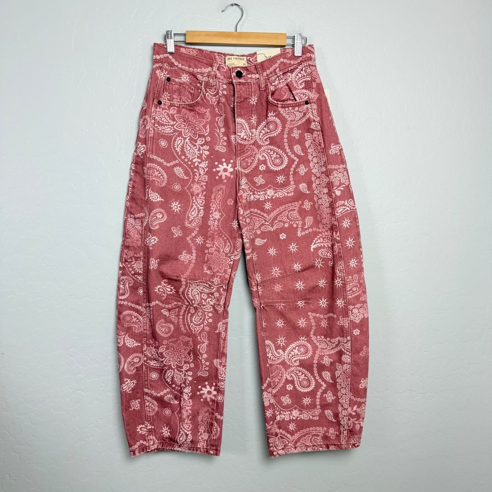 NEW We The Free Good Luck Barrel Jeans  26 Rust Red Bandana Paisley Boho